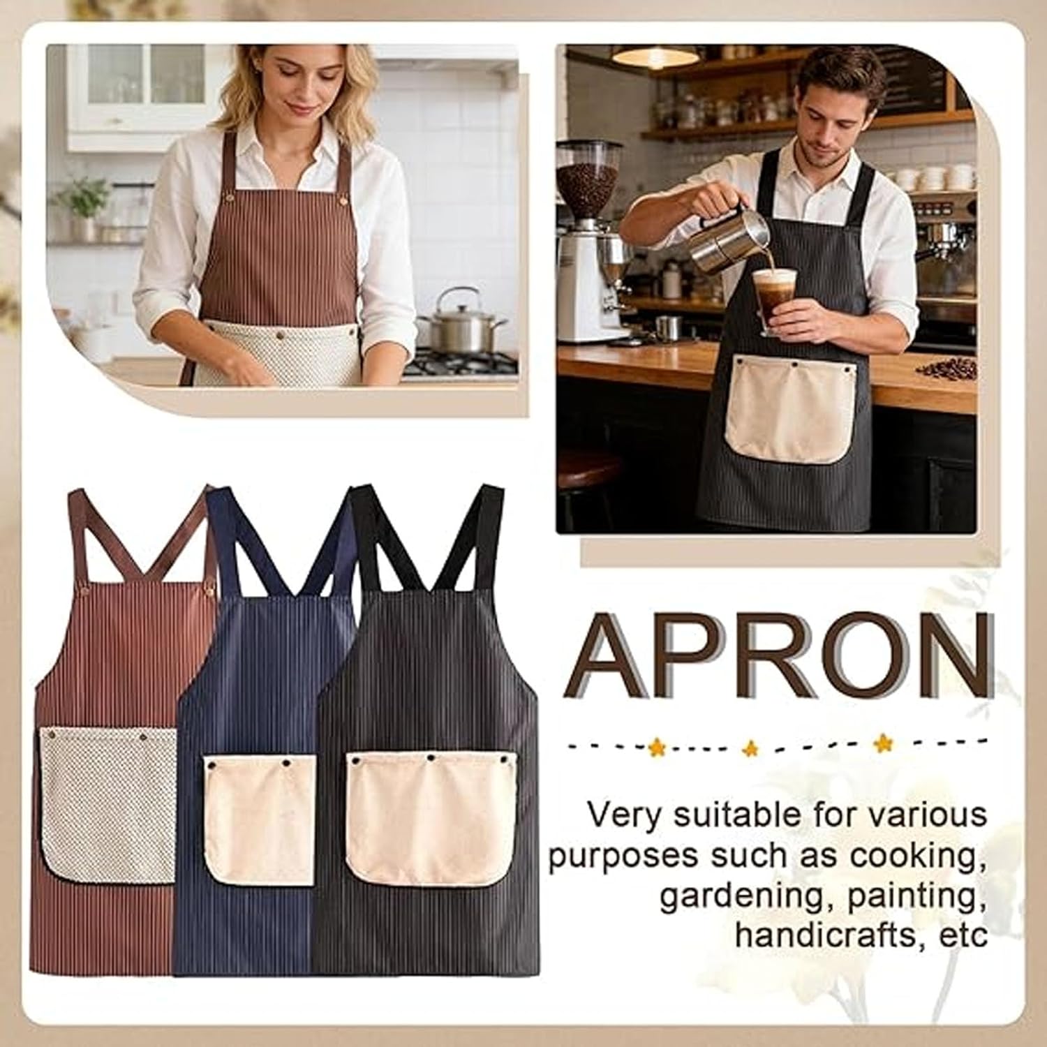 Pinstripe Cross-Back Kitchen Apron, Waterproof Chef Apron with Detachable Hand Towels, Lightweight, With Front Pocket - Image 7