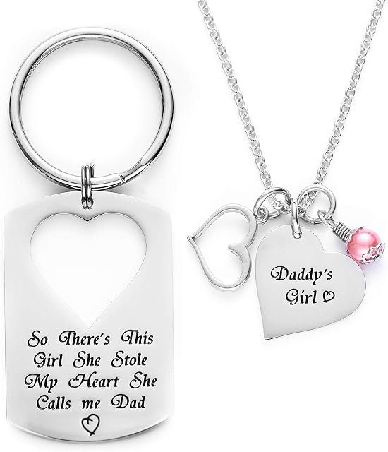 Melix HOME Gifts for Dad Necklace Jewelry, Father Daughter Keychain Jewelry, Daddys Girl Birthday Necklace Set, There's This Girl Who Stole My Heart She Calls Me Daddy