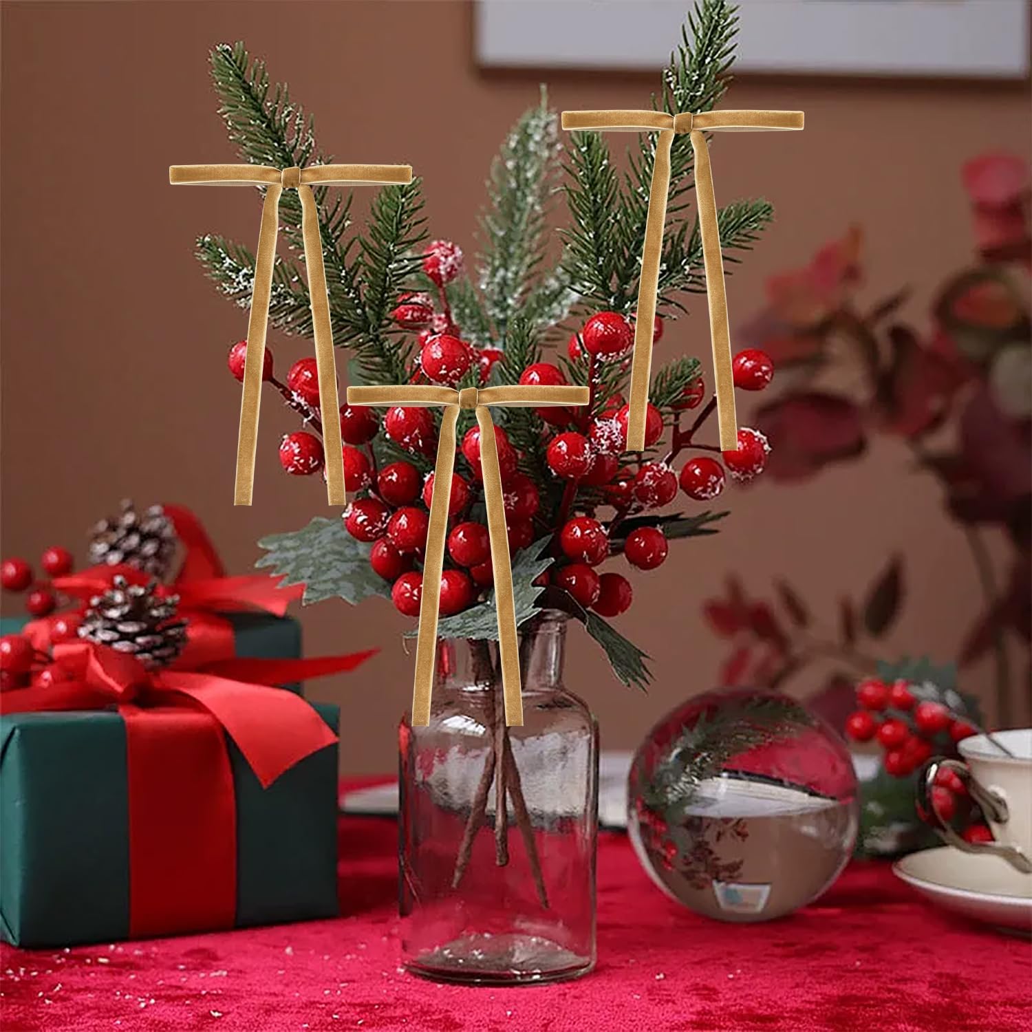 24-Pack 3/8'' Wide(5 * 7 inch) Khaki Velvet Christmas Ribbon and Bows Set for Tree Decor, Vintage Style Gift Wrapping, Wreath, Garland, Bow Tree Topper, Ornaments - Image 6