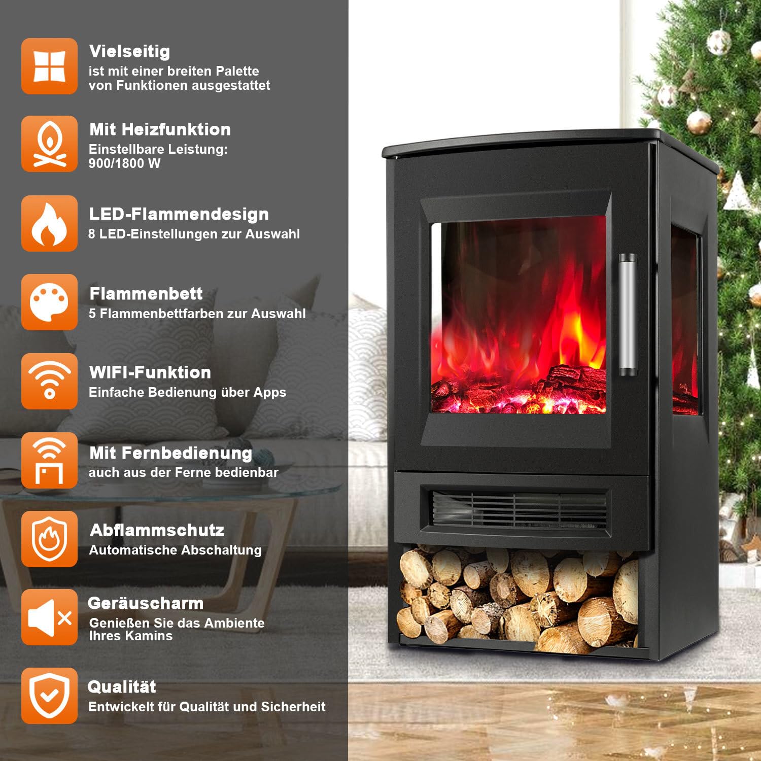 Kominek elektryczny z ogrzewaniem, kominek elektryczny z płomieniem LED, z pilotem zdalnego sterowania WiFi i timerem, panoramiczne okienko, regulowany termostat, termowentylator, 900 W/1800 W