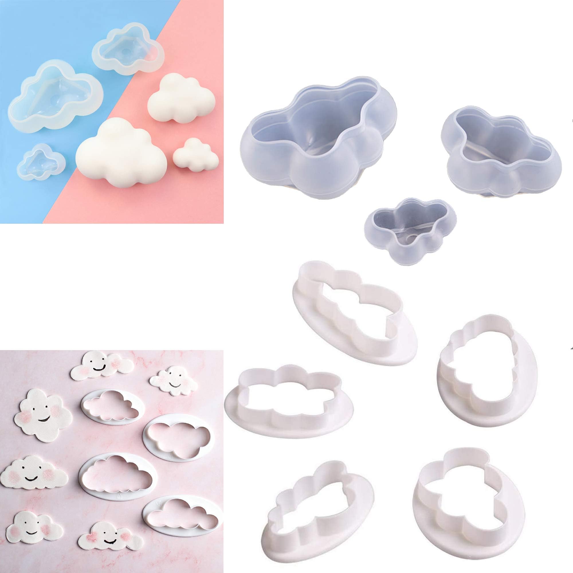 8Pcs 3D Cloud Shape Chocolate Silicone Mold Mousse Fondant Ice Cube Mould  And  Different Plastic Fluffy Cloud Cutters Cookie Cutters Cake Cutters Fondant Cloud Cutters