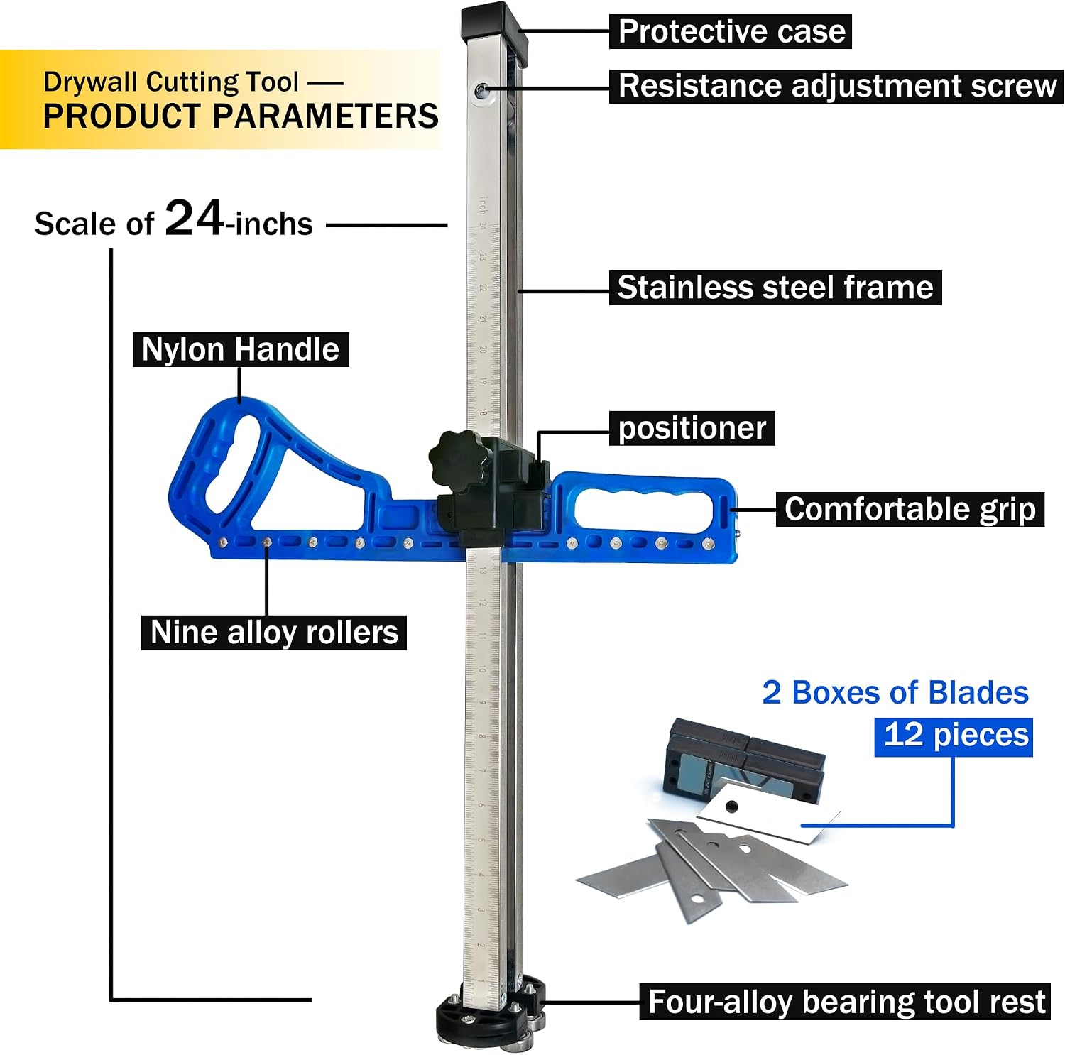 Drywall Cutting Tool - Drywall Cutter, Dual-Scale (24inch & cm) Foldable drywall cutout tool with 12pcs drywall knife, Easy cuts 1/4" 3/8" 1/2" 5/8" Standard Boards