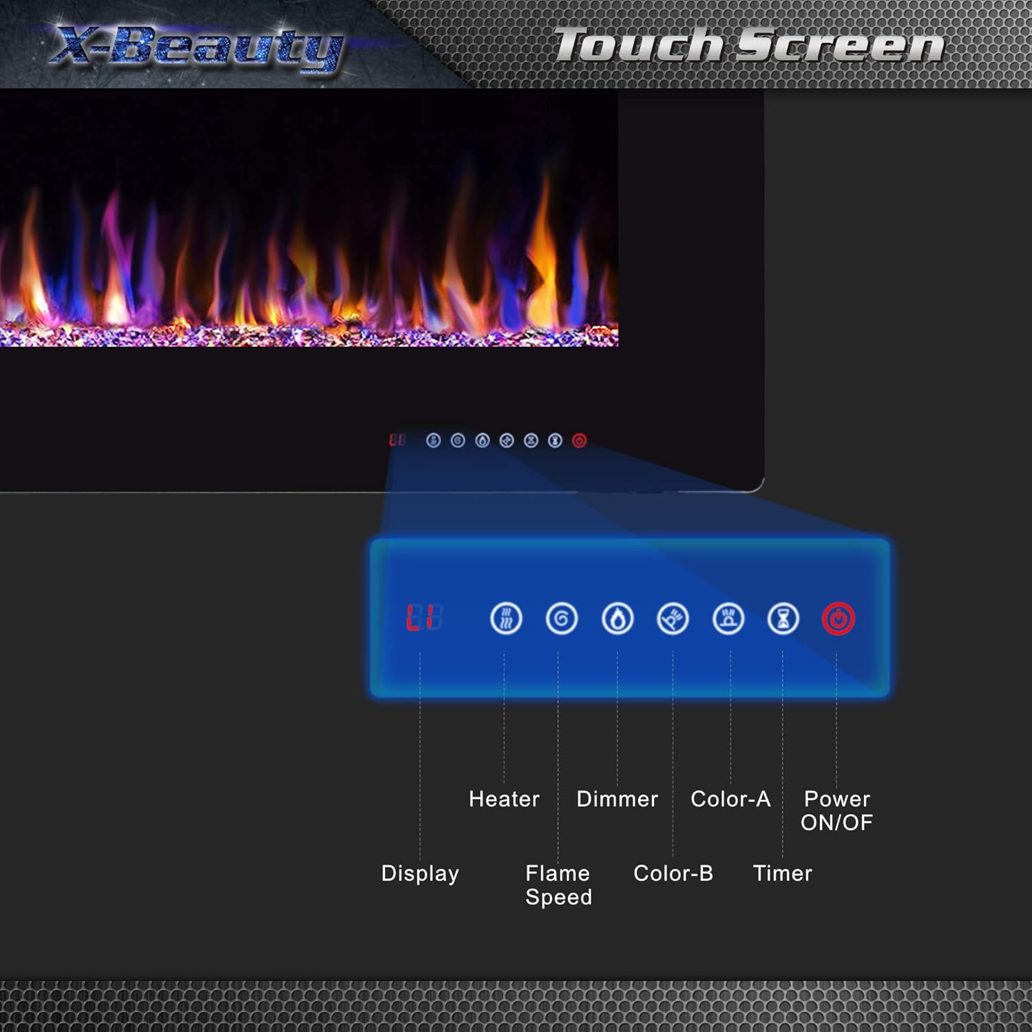 Close-up of the fireplace touch screen controls