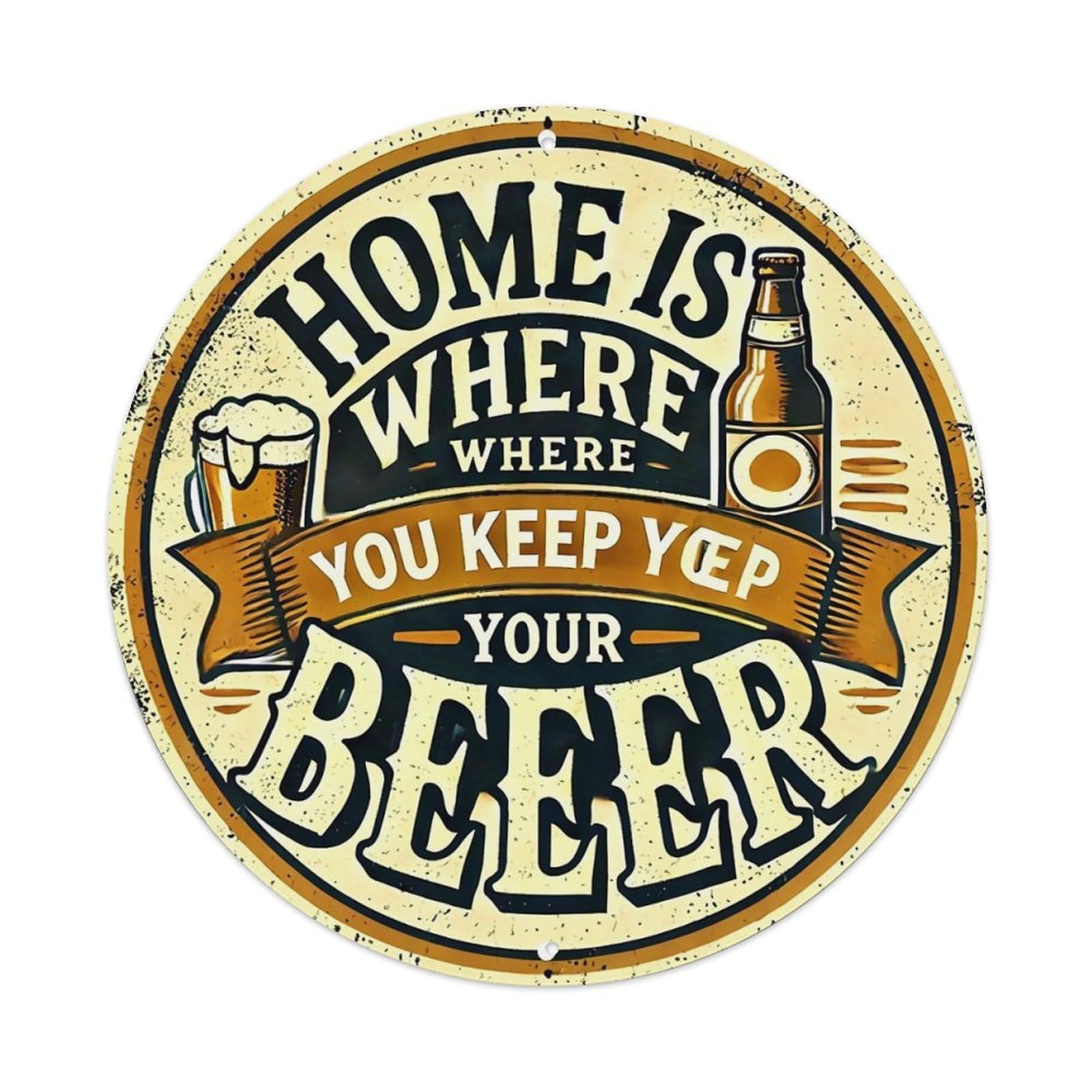 Home Is Where You Keep Your Beer Vintage Round Tin Sign Retro Metal Wall Decor Metal Poster, Home Bar Garage Cafe Wall Art Decoration 8x8Inches