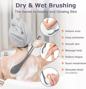 Body Brush Back Scrubber, 17 in Never Mold Back Brush Long Handle for Shower, Exfoliating Brush Dry Brushing Body Brush for Men Women Elderly Deep Exfoliation Soft Glowing Skin (Grey)