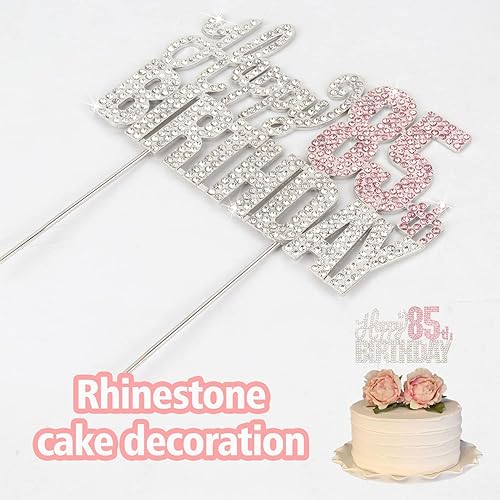 Miniatura 2 de Decoración de pastel de diamantes de imitación plateados y rosas con texto en inglés Happy 85th Birthday (Cheers to 85th Birthday (Cheers to 85th