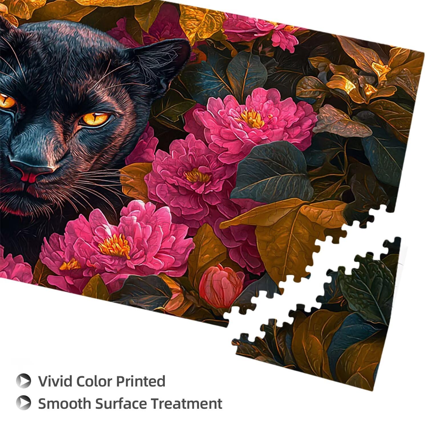 Drewniane puzzle dla dorosłych 900 sztuk - czarna pantera w kwiaty, gra logiczna dla dorosłych, grafika z nadrukiem w wysokiej rozdzielczości, kreatywne hobby prezent b-405