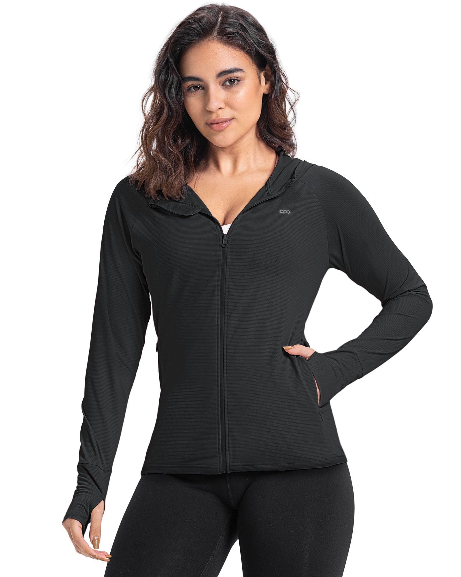 33,000ft Veste de course légère pour femme, veste de sport UPF 50+, sweat à capuche entièrement zippé, avec trou pour les pouces, veste de survêtement respirante avec 4 poches pour la course à pied