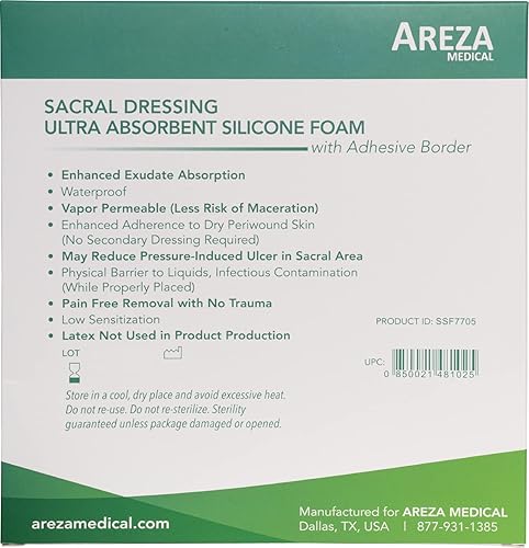 Miniatura 3 de Areza Medical - Apósito de espuma ultra absorbente de silicona sacra de 7 x 6.8 pulgadas, caja de 5 unidades apósito para heridas