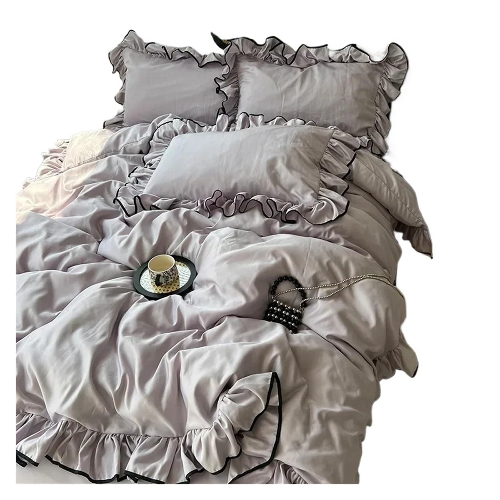 Housse de couette satin lavé parure de lit 4 pièces unie avec dentelle pour lit 1.5m 180x220cm