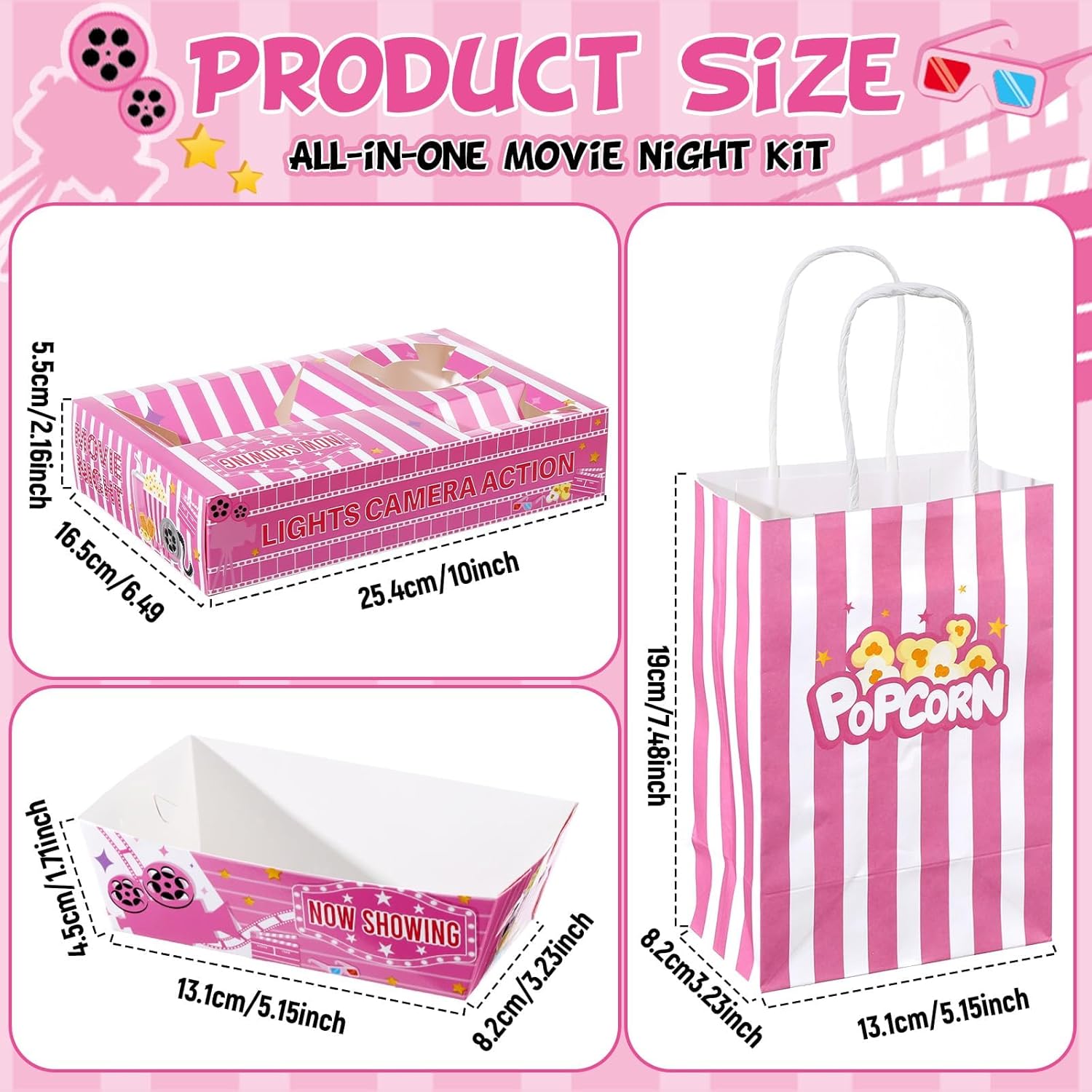 48PCS Pink Movie Night Party Supplies Disposable Snack Holders Movie Night Food Trays Popcorn Bags and Snack Boxes Basket Container Holder Boat Boxes for Cinema Movies Marathon with Family Friends