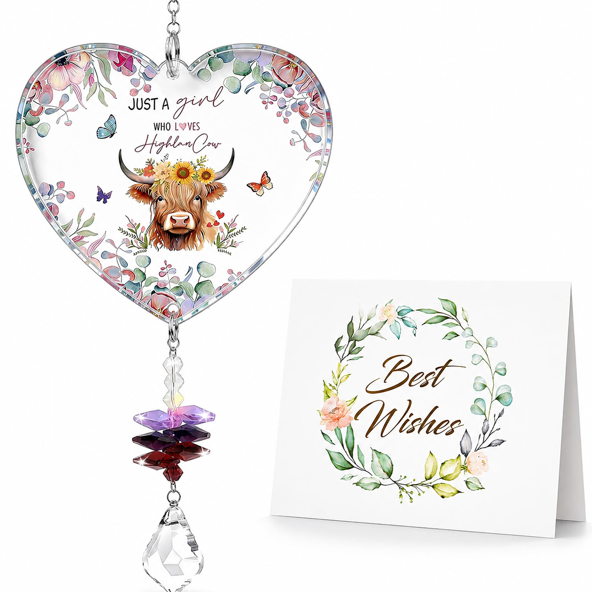 Highland Cow Suncatcher Ornament – Acrylic Hanging Decoration with Greeting Card, Gifts for Women Cow Lovers for Birthday, Home and Garden