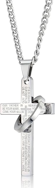 sailimue Stainless Steel Cross Necklace for Men Women Chain Necklace Lords Prayer Pendant,24 inches,3 Colours