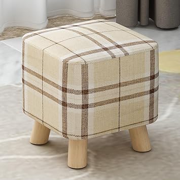 Solid Wood Footstool Bench Makeup Stool Ottoman Pouffe Sofa Foot Stool Upholstered Footrest Change Shoes 4 Leg Comfortable and Durable, Home Decorative Living Room Color Checkered