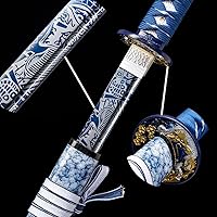 Vista 4 de Katana japonesa auténtica de acero de carbono de alta calidad 1045/1060 con templado en arcilla, forjada a mano, templada al calor, completamente