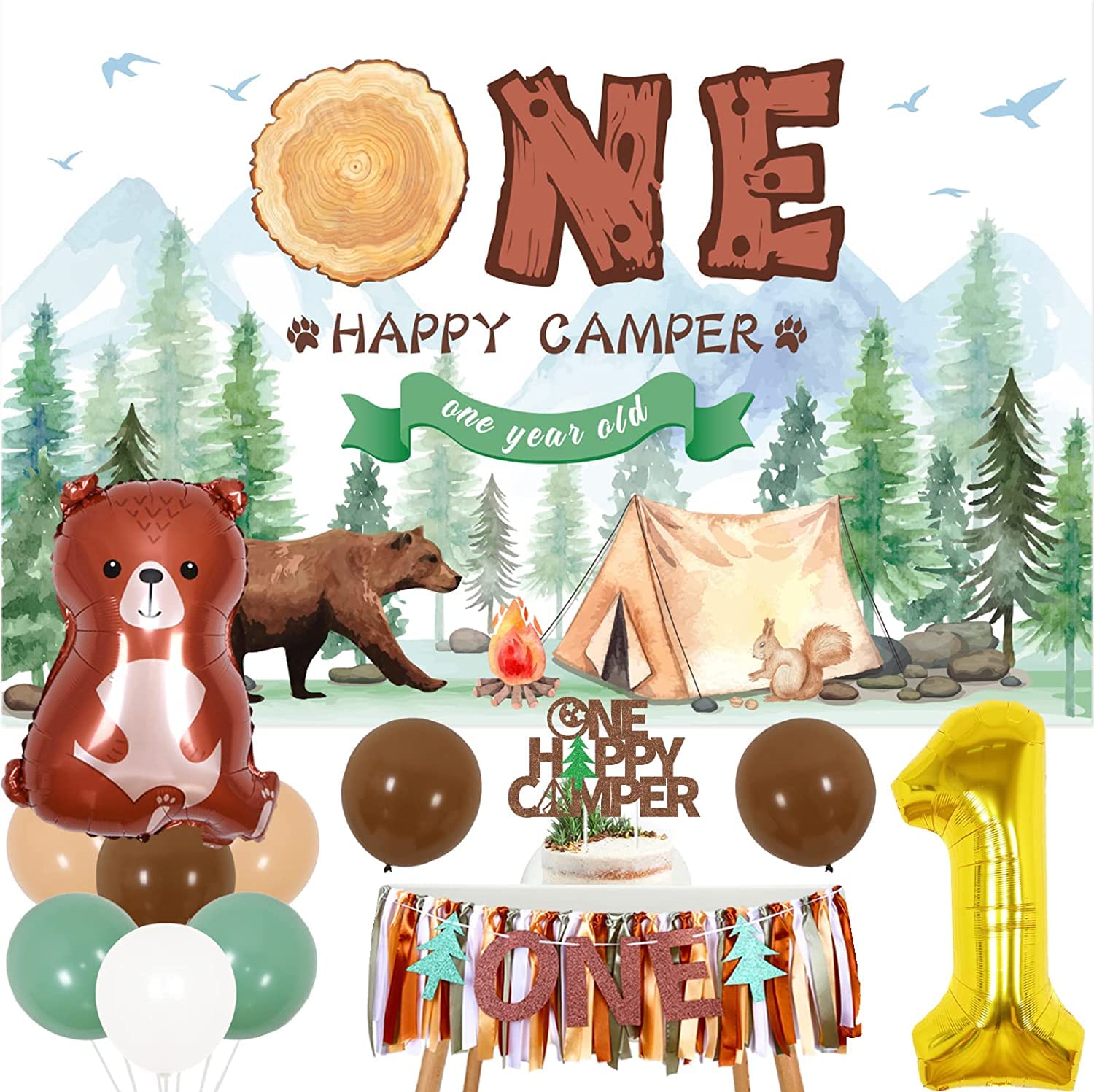 Camping 1st Birthday Decorations - One Happy Camper Birthday Decorations Banner Backdrop Glitter Cake Topper High Chair Banner, Number 1 Woodland Bear Foil Balloons for Boys Girls 1st Birthday Party