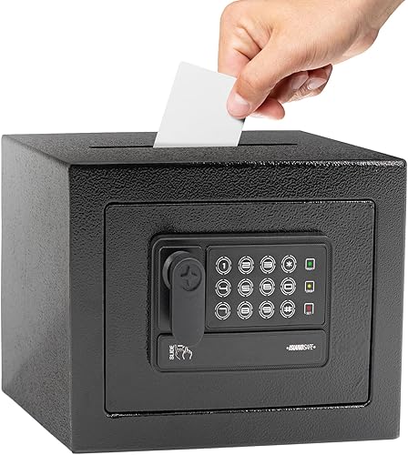 Mini caja de seguridad electrónica personal, pequeña caja de seguridad con teclado digital y llaves de anulación manual, caja de acero de 0.2 pies