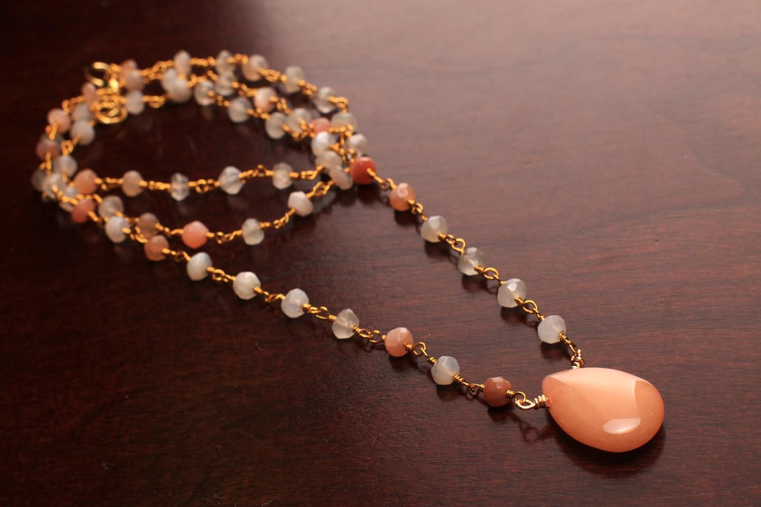 Multi Moonstone Wire Wrapped Rosary Necklace with Peach Aventurine Pendant 16" Necklace - Image 7