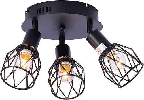 Lámpara de techo industrial semiempotrada, 3 luces multidireccionales de techo, jaula de alambre de metal negro vintage, iluminación colgante para