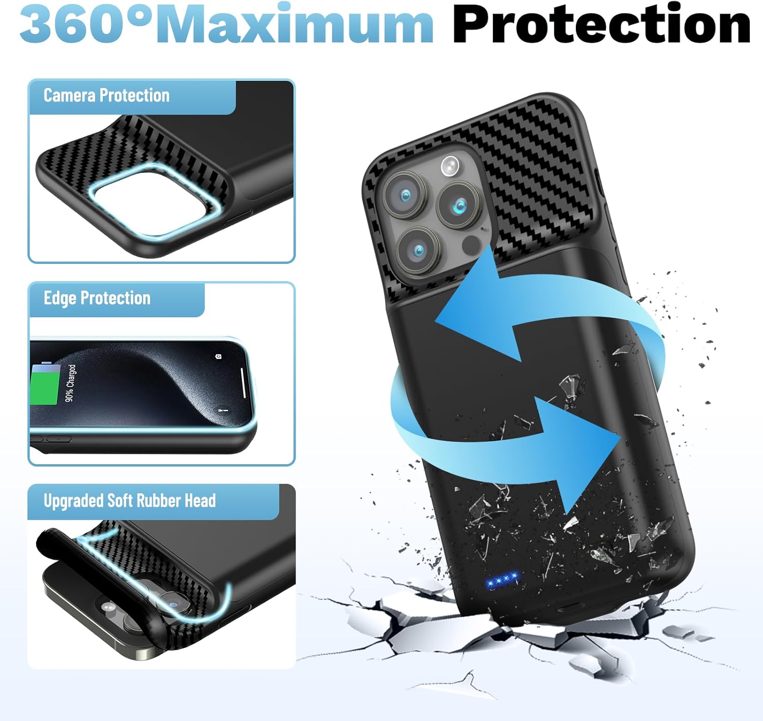 Battery Case for iPhone 15 Pro Max (6.7 inch), 13800mAh [High Capacity] 2026 Upgraded Portable Battery Charging Charger Case, Rechargeable Battery Back with Tempered Glass Screen Protector,Black