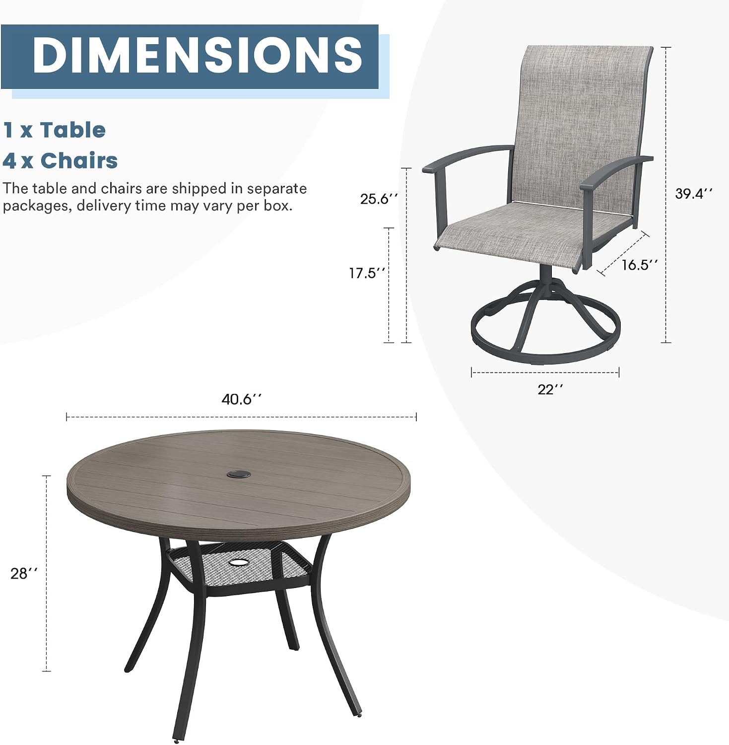 DIFY 5 Pieces Outdoor Dining Set for 4, 40.6" Grey Wood-Like Round Metal Table with Umbrella Hole and Grey Textilene Swivel Patio Chairs, Patio Table and Chairs Set for Garden, Backyard, Poolside