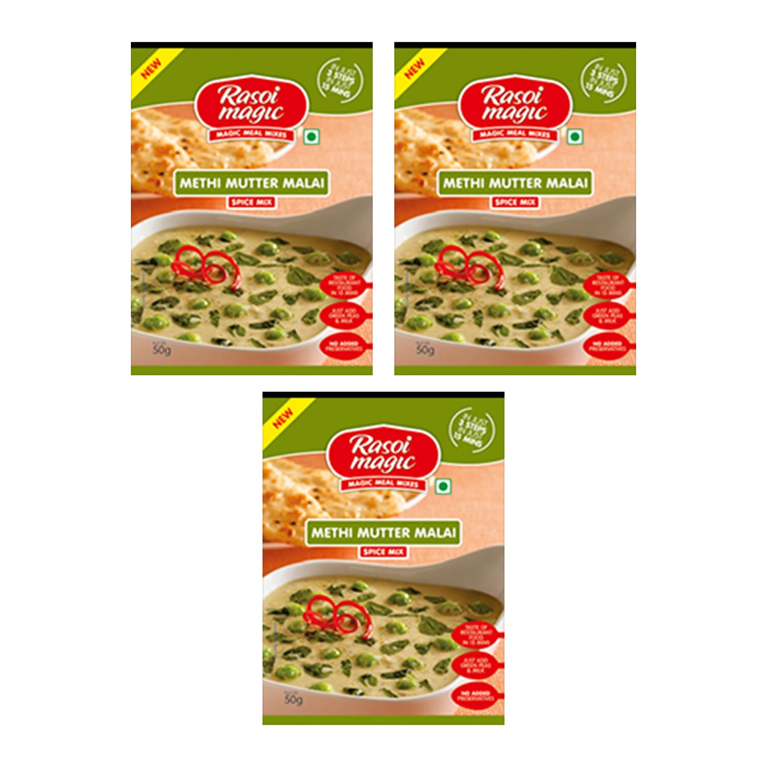 Rasoi Magic Seasoning Spices Masala Powder (45 Gram) - Curry Mix Masala Recipe Casserole Herbs - Aromatic & Enhances Flavor of Meal (Methi Mutter Malai, Pack of 3)