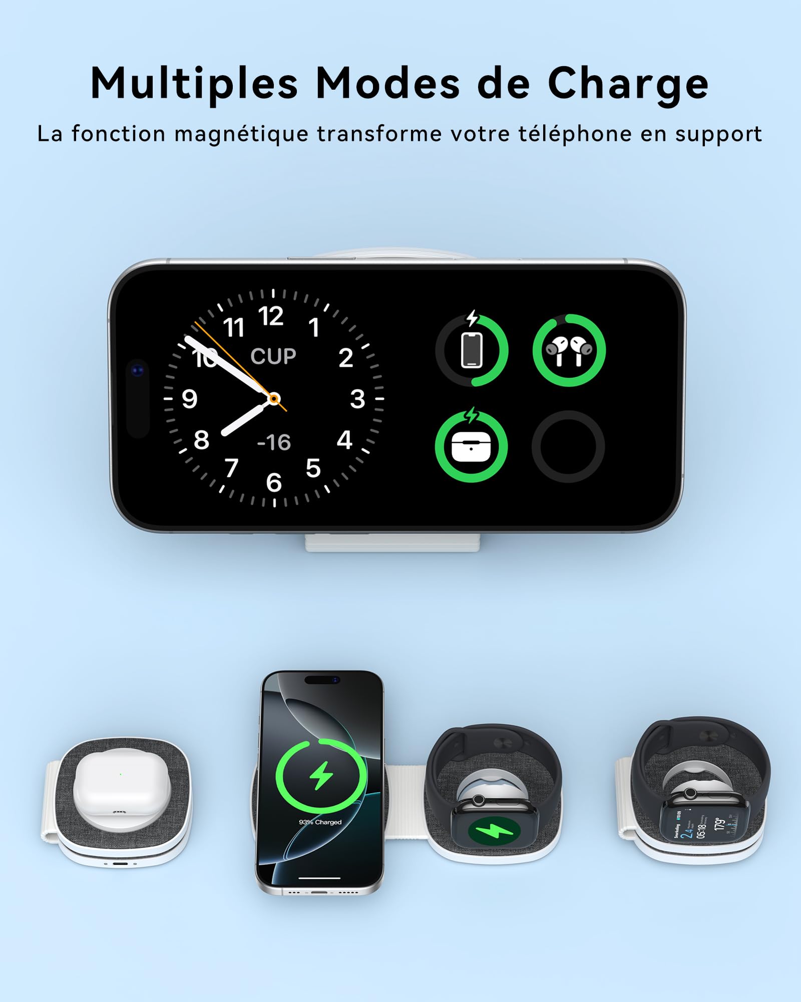Chargeur sans Fil Mag-Safe Flottant 2 en 1 pour iPhone 16 15 14 13 12, Apple Watch Series/Ultra/SE, Airpods/Pro, Chargeur Portable Magsafe 3 en 1