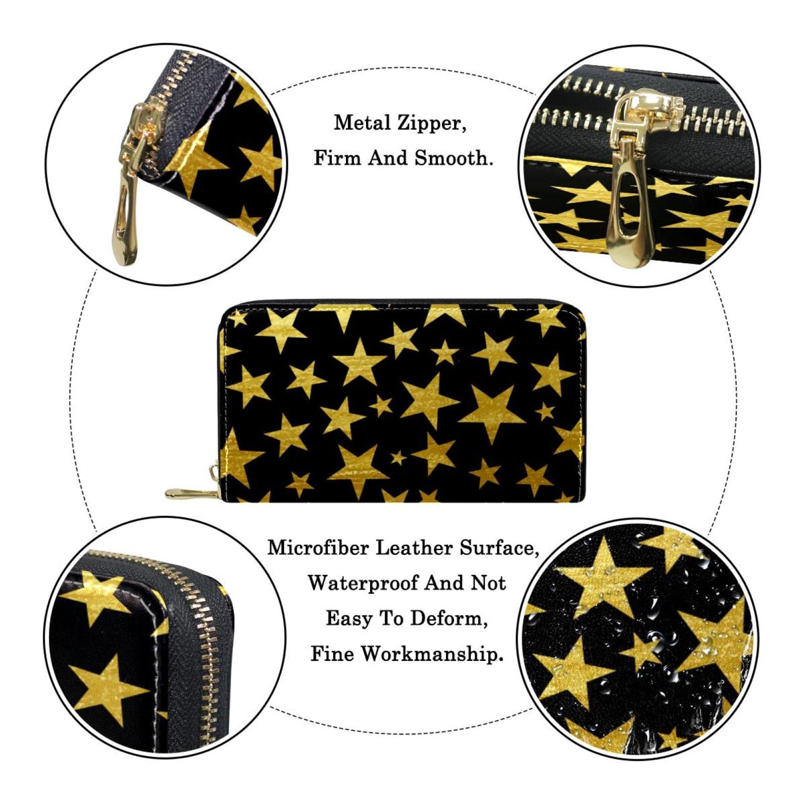Cartera larga de piel con cremallera y fondo negro con estrellas, Varios colores, 20.5x2.5x11.5cm/8.07x1x4.53 in, Classic