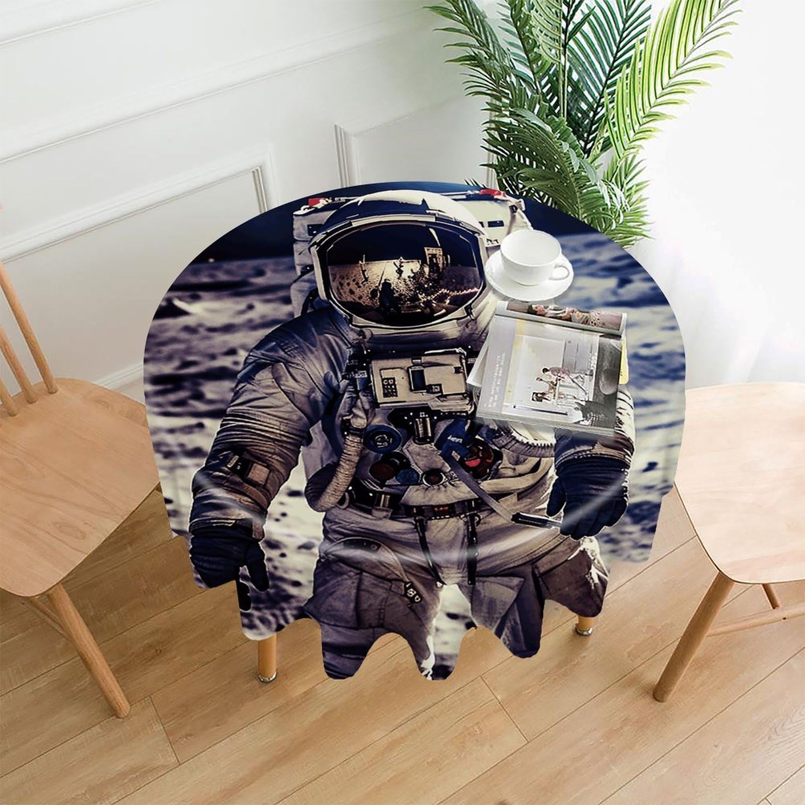 VstaDank US Astronaut Travel Moon Table Cloth Fashions Washable Round Tablecloth Decorative Table Cover Comfortable Straight Edge Tablecover for Dining Kitchen Party Outdoor 60 Inch