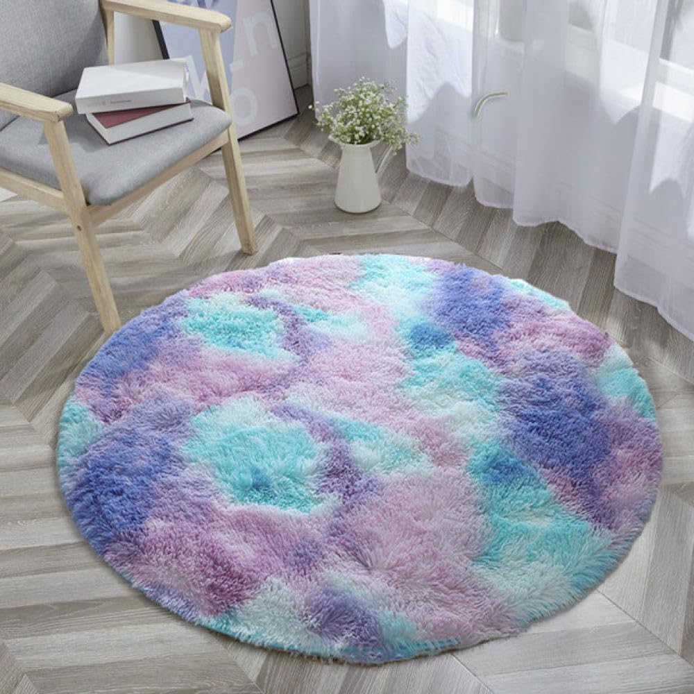 Tie-Dyed Carpet Round Plush Bedroom Rugs Fuzzy Gradient Rug for Household Coffee Table Floor Protection Mat,Pink Purple,60x60cm(23.6in)