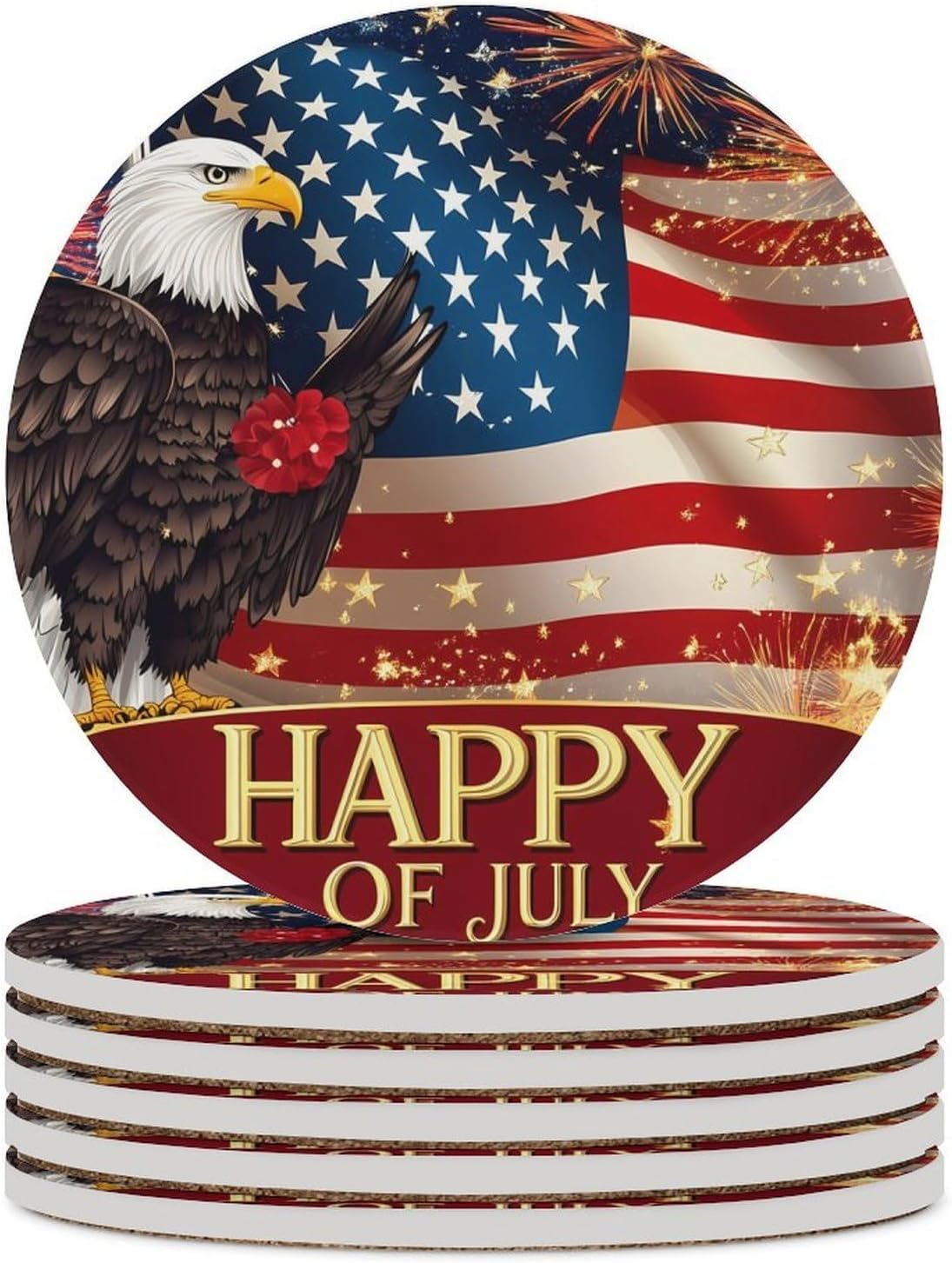 Fireworks Fourth of July U.S. Flag Funny Round Ceramic Coasters for Drink Absorbent Cup Holders Tabletop Protection