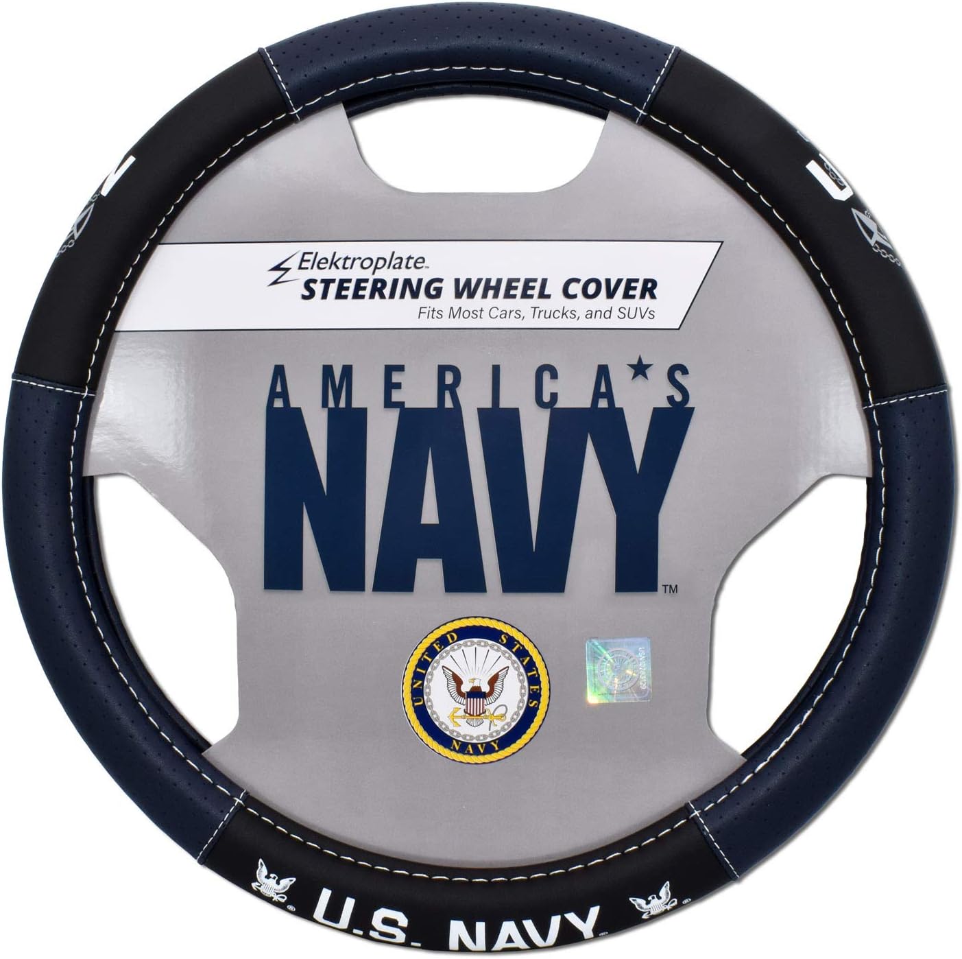 Elektroplate Officially Licensed US Navy Premium Steering Wheel Cover - Medium Size - Fits Mid-Size SUVs and Trucks with Diameter 14.7” to 15.4”