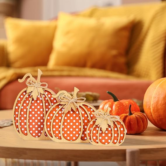 OLANRUN Autumn Decorations, 3 PCS Handmade Wooden Pumpkin Decorations