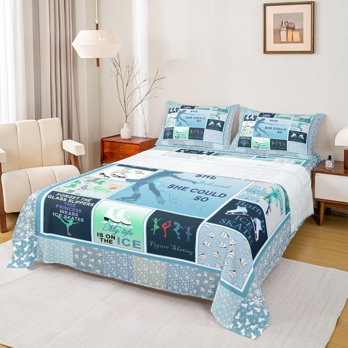 Skating Blue Sheet Set Twin Geometric Plaid Bedding Set 3pcs Ice Skating Shoes Cartoon Deep Pocket Fitted Sheet for Kids Teens Boys Girls Room Decor Skater Sports Gaming Bed Sheet,1 Pillowcase