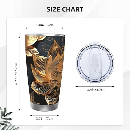 Miniatura 4 de KHiry Vaso de acero inoxidable con tapa de 20 onzas, con aislamiento al vacío, con diseño de flores de loto doradas bohemias, reutilizable, de 20