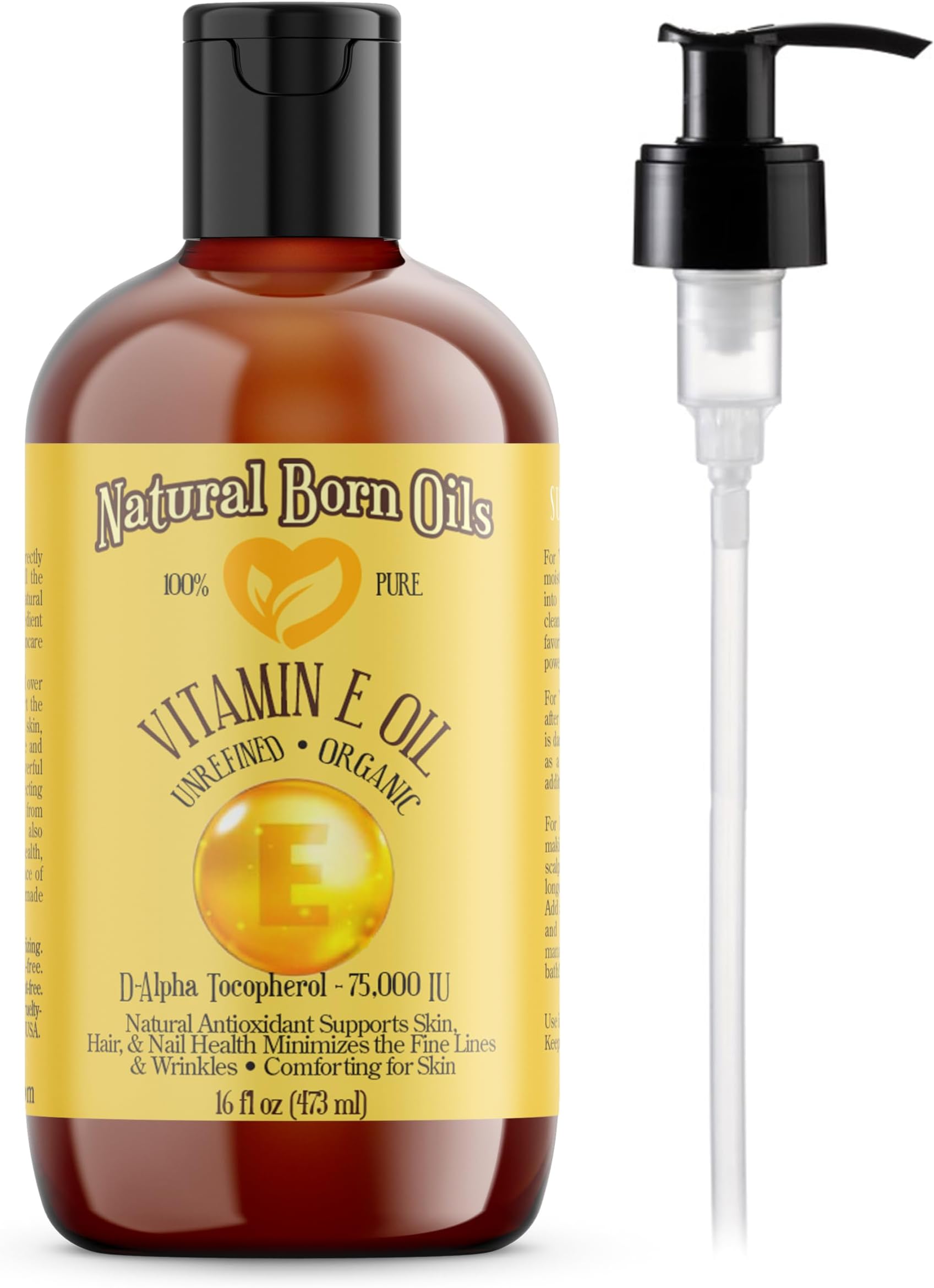 Natural Born Oils Vitamin E Oil (made from Wheat Germ), 16oz, Organic, Cold-Pressed, Nutrient-Rich, Excellent for Glowing Skin, Lustrous Hair