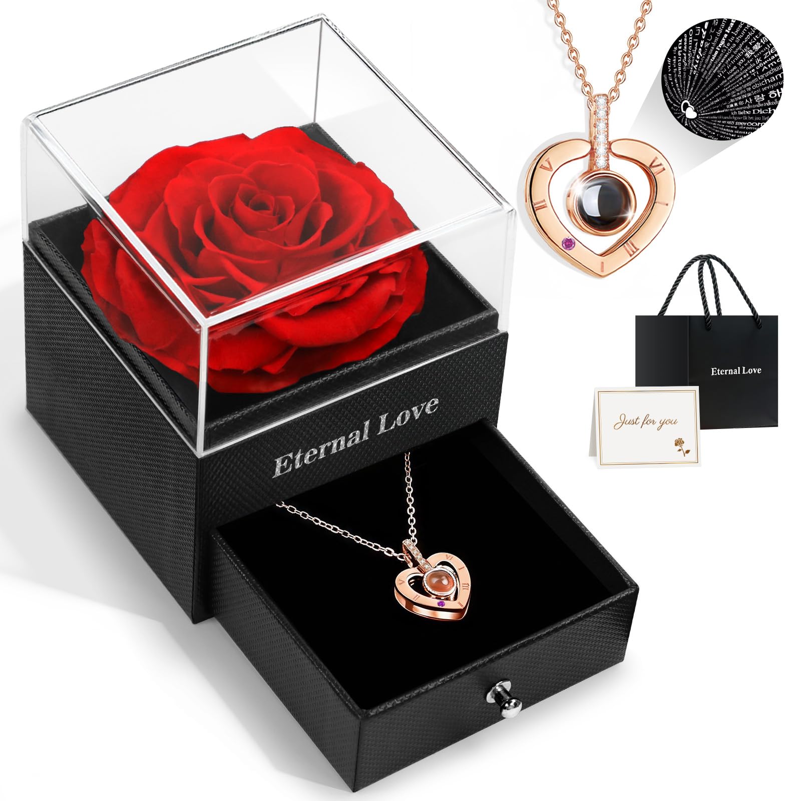 HEGUD Preserved Real Rose for Valentines Day Gifts with I Love You Necklace in 100 Language, Eternal Flowers Rose Valentines Gifts for Women Her Mom