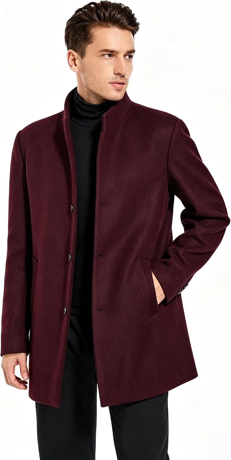 FTCayanz Men's Trench Coat Wool Blend Single Breasted Overcoat