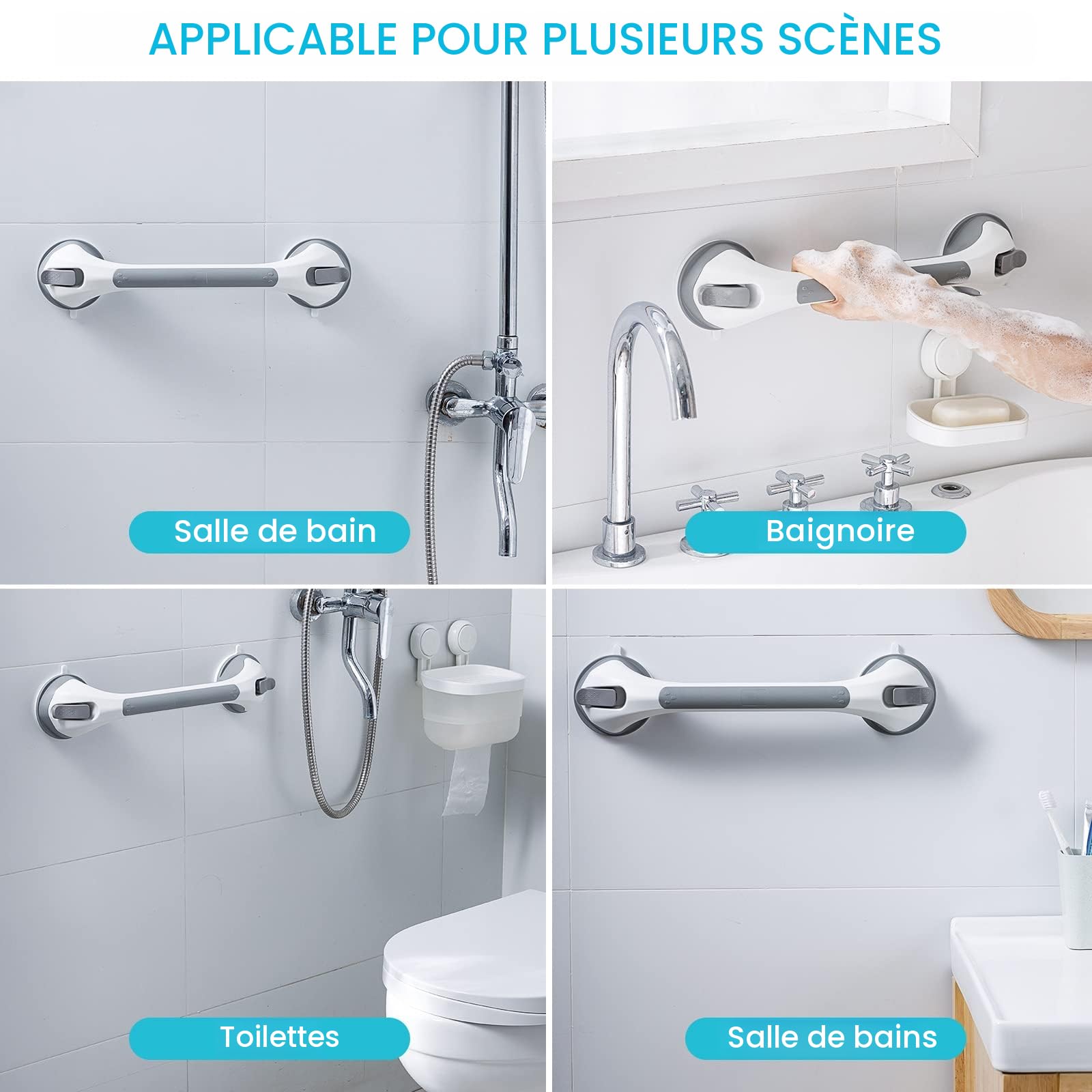 TAILI 31 CM 2 Pack y 43 CM Agarraderas Baño, MAX 110 KG Asidero Baño Ventosa, Agarrador Ducha Personas Mayores, Seguridad para Ancianos, Discapacitados, Súper Fuerte Succión Asa Ducha - Gris