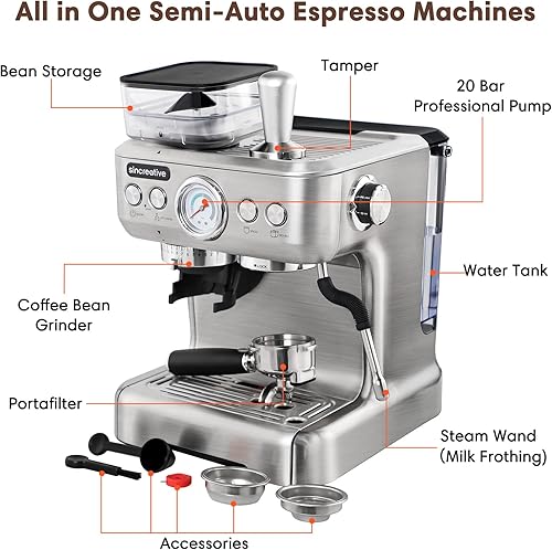 Miniatura 9 de Máquina de espresso con molinillo y espumador de leche máquina de café espresso semiautomática de 20 bares cafetera con latte y capuchino máquina de