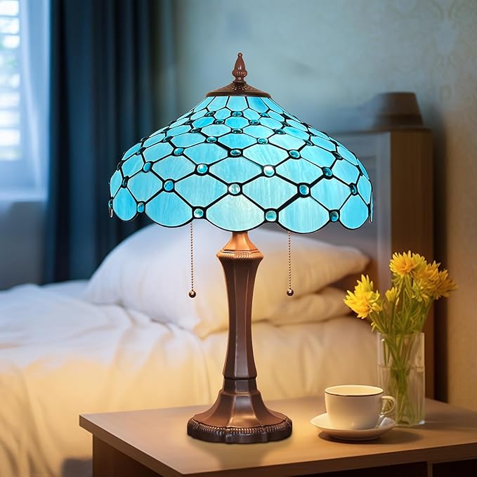 Capulina Capulina Tiffany Lamp Stained Glass Table Lamp 2-Light 16X16X24 Inches Sea Blue Beads Tiffany Style Desk Lamp for Bedrooms Living Room Home Office photo 3