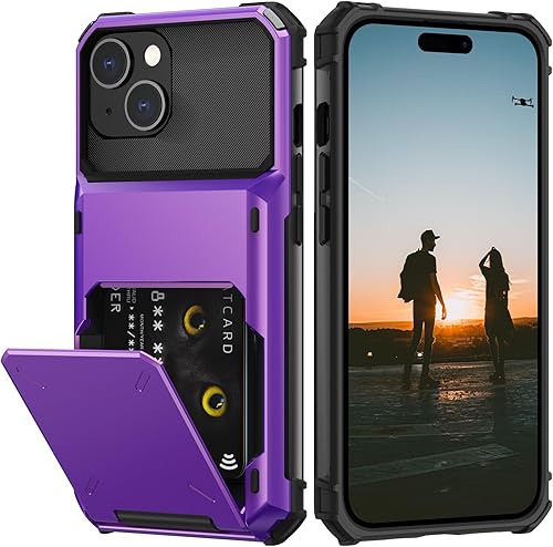 Nvollnoe Funda compatible con iPhone 15 con tarjetero almacena 5 tarjetas Funda de doble capa resistente a prueba de golpes con ranura oculta para