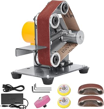 Electric Belt-Sander Polishing-Grinding Sharpener Adjustable - 13x1.2inch DIY Power Sanding Machine Cutter Edges Mini Bench Grinder Kit, 7-Speed Multifunctional for For Knife Making, Handicraft, Wood,