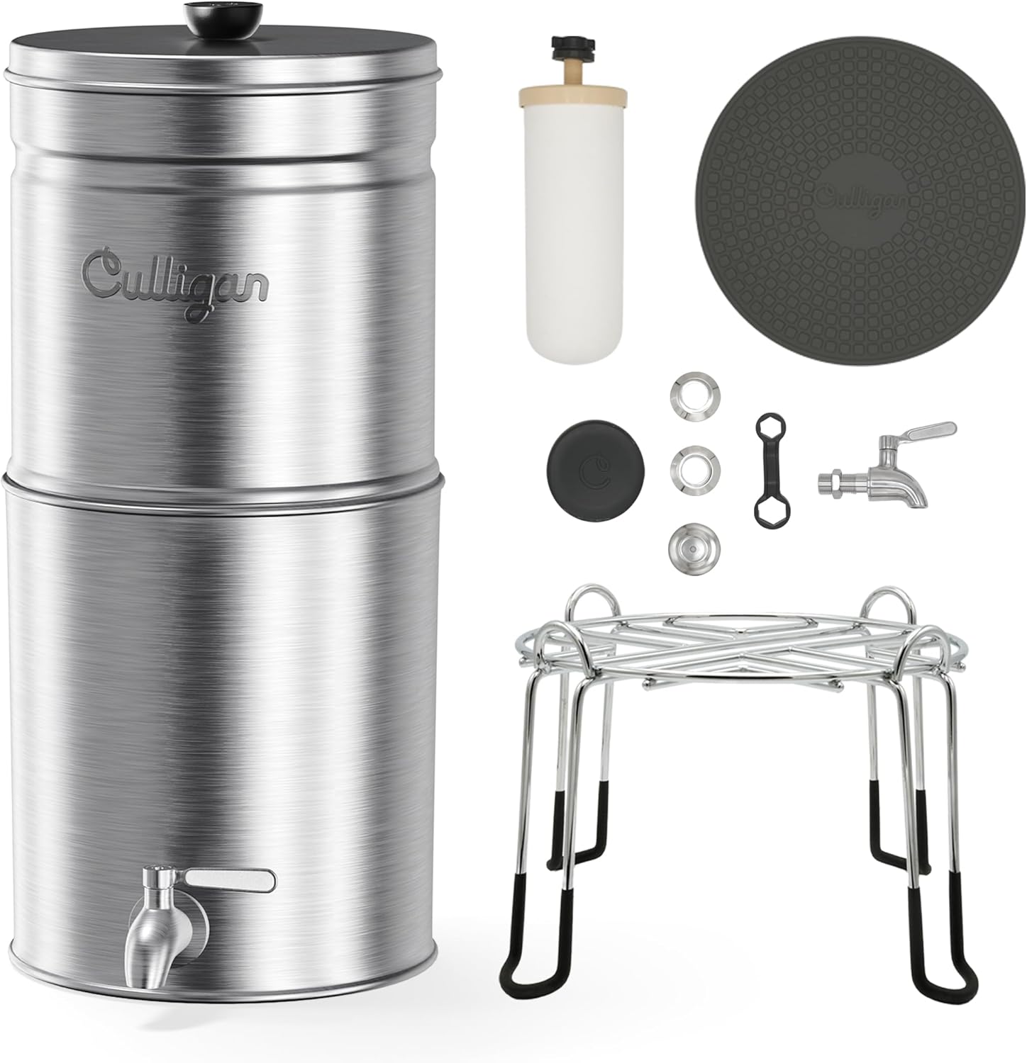 Culligan MaxClear 2.25 Gallon Gravity Water Filter System, Brushed Stainless-Steel Countertop Water Filter NSF/ANSI Certified to Reduce Microplastics, Lead & Total PFAS, with 2 Ceramic Filters