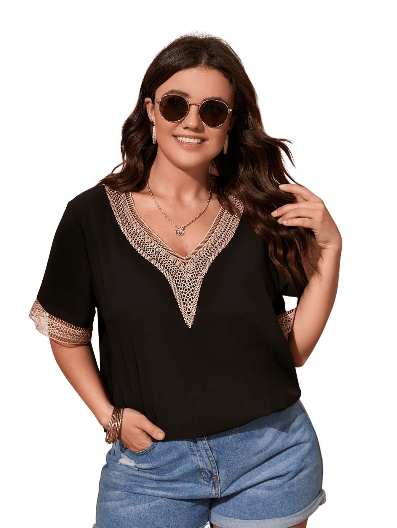 Photo 1 of SOLY HUX Women's Plus Size Lace Trim V Neck Short Sleeve Casual Work Blouse Tops XX-Large Plus Solid Black