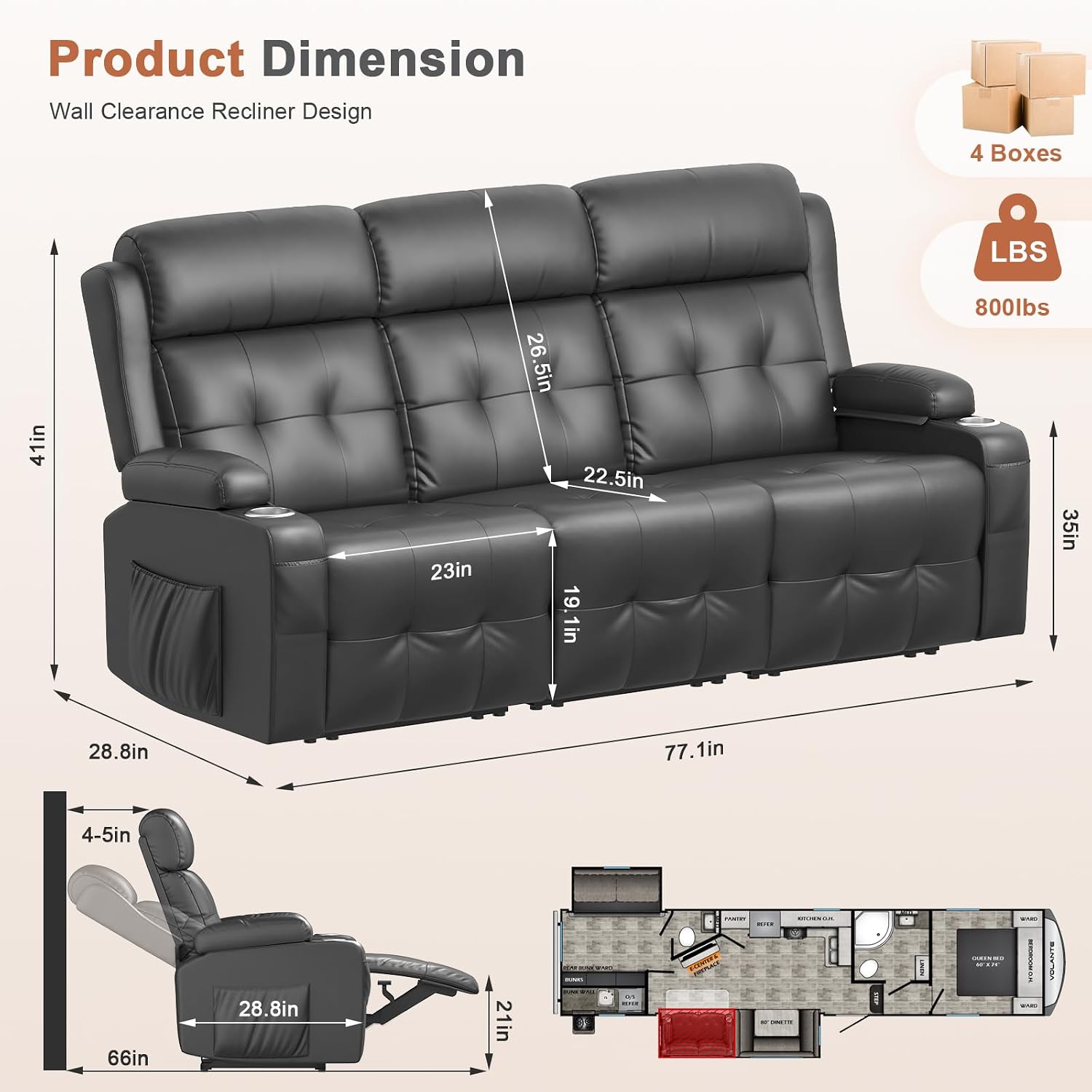 Middle Seat for Recliner Sofa, Dark Gray
