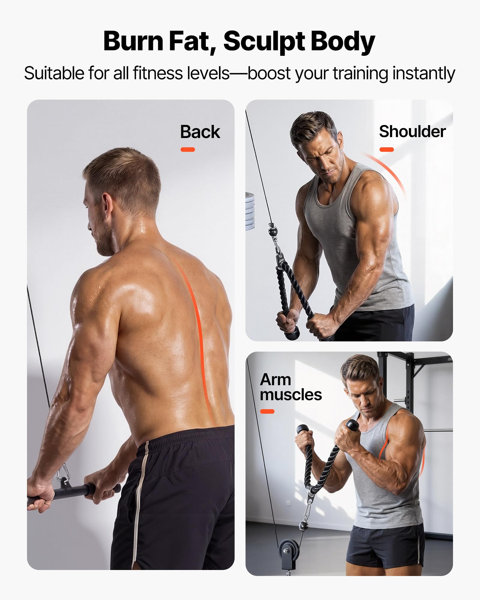 VEVOR Poulie Musculation Capacité 127 kg, Système de Poulies pour Fitness avec Barre Courte et Poignée à Corde, pour Extensions de Triceps Biceps Dos et Épaules, Accessoire pour Station de Musculation