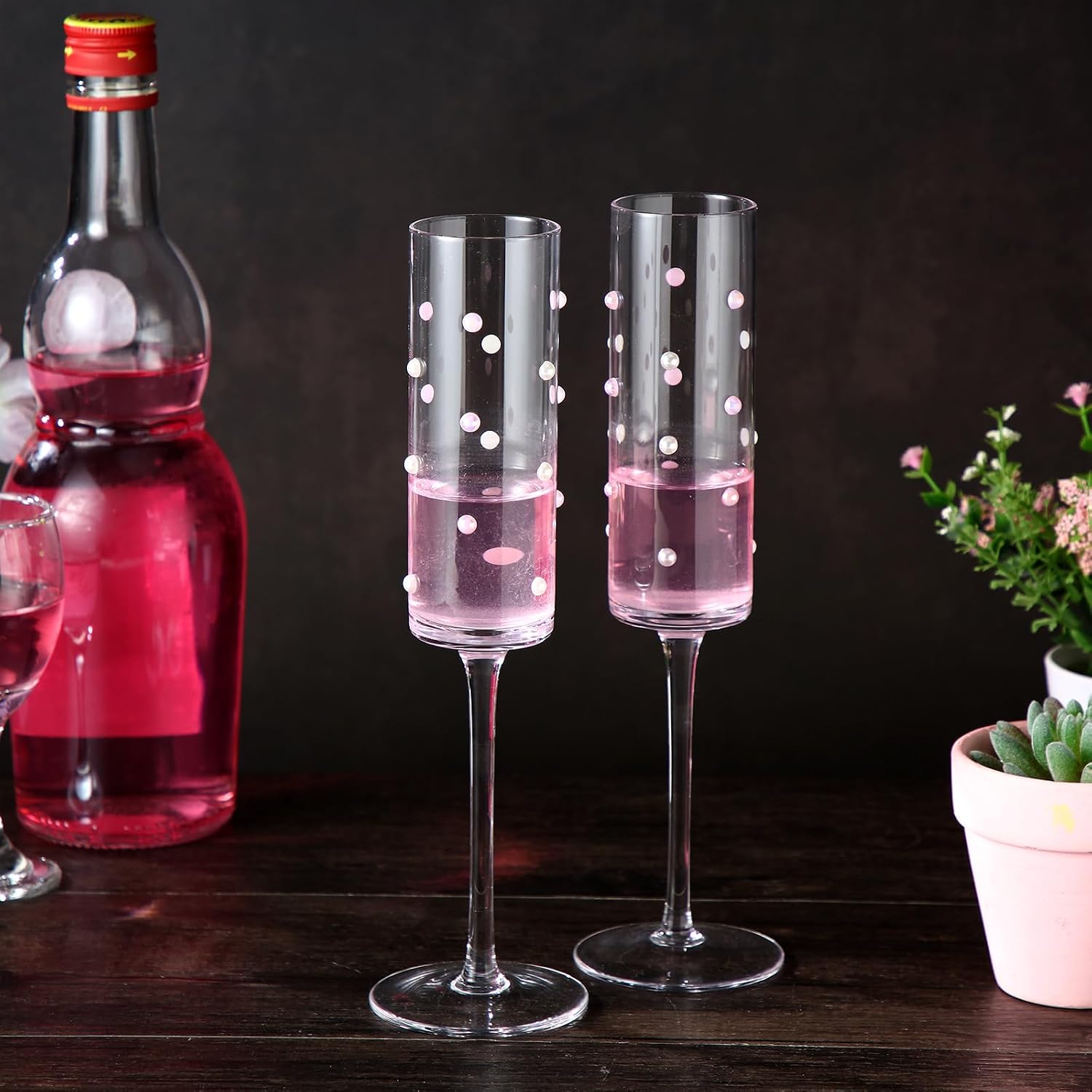 Reallnaive 2 Pcs Wedding Pearl Champagne Flutes for Toasting, Pink White