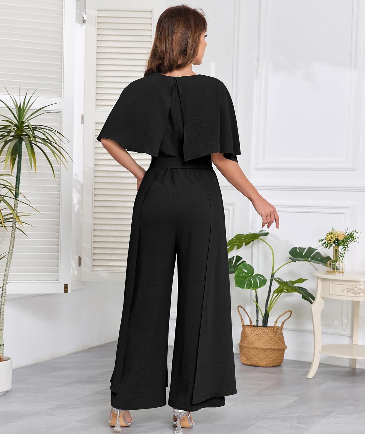 Jumpsuits for Women Dressy Casual One-Piece Outfits Elegant Formal Cape Belted Wide Leg Rompers Evening Pantsuits - Image 4