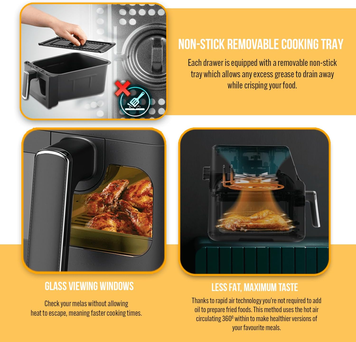 PureMate PM924 Air Fryer features: Non-stick tray, glass viewing window, rapid air technology